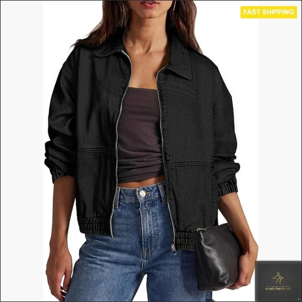 Oversized Denim Jacket Zip Up Long Sleeve Loose Fit Casual Outerwear